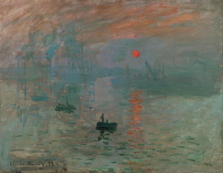 This is one of Monets most famous paintings, Impression Sunrise, painted in 1872, of a misty dawn in a harbor, and a few dark boats.